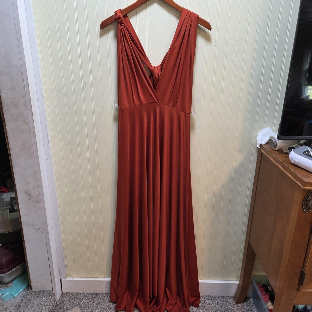 Dress Womens Small Orange Jersey V‎ Neck Strappy Maxi Formal Wedding Gown